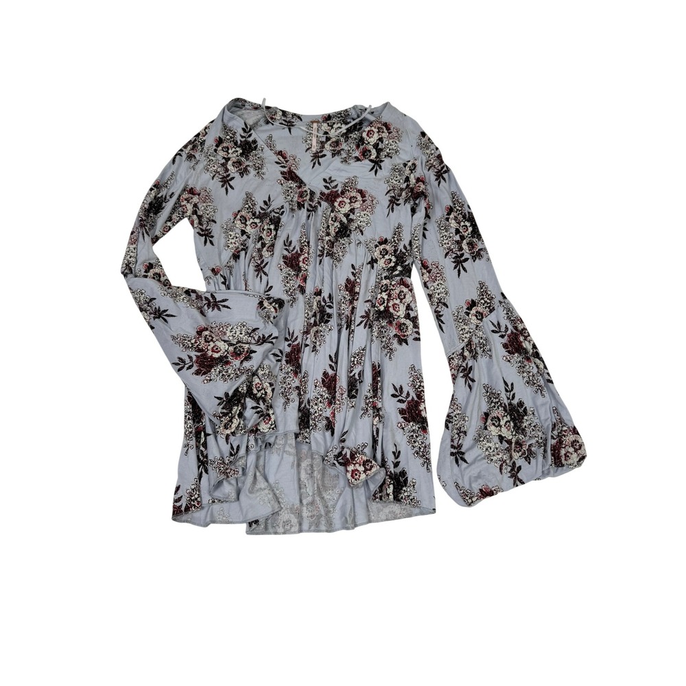 Free People Speak Easy Floral Babydoll Top Blue Bell Sleeve Peplum Boho - Picture 3 of 9